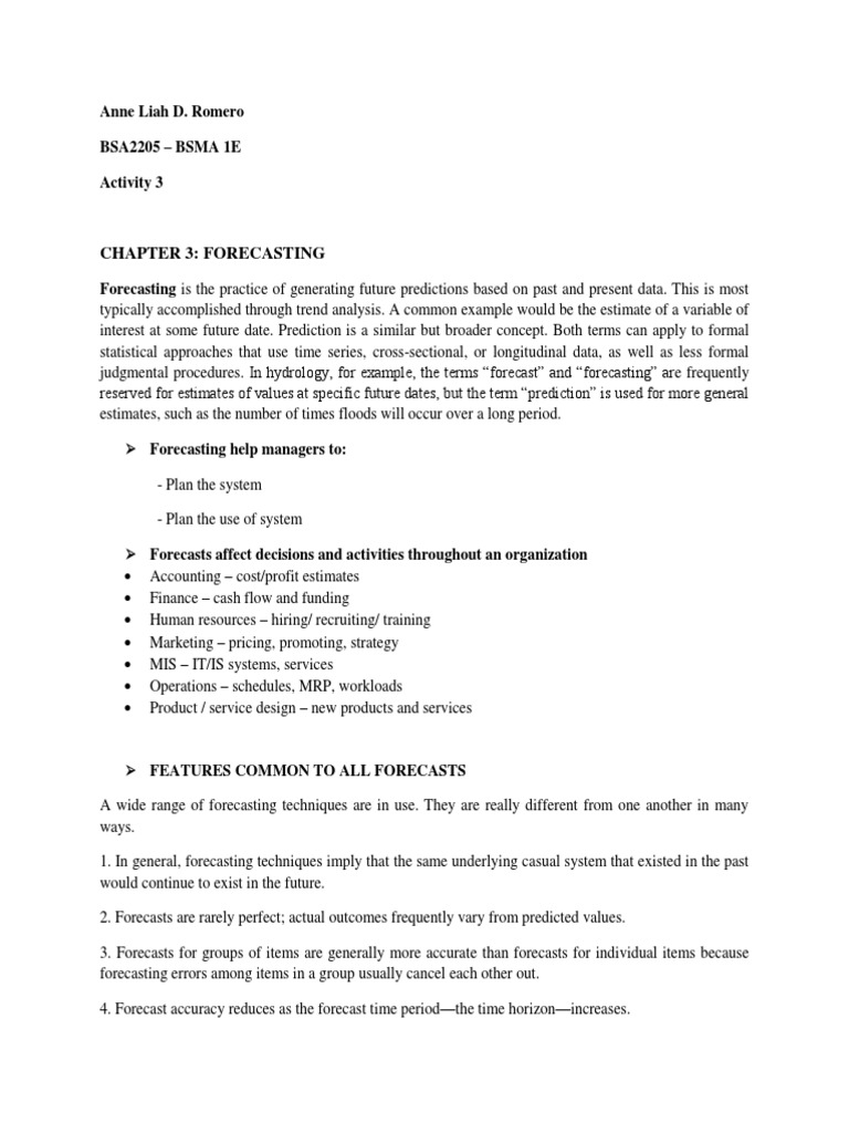 Chapter 3: Forecasting: Anne Liah D. Romero BSA2205 - BSMA 1E Activity ...