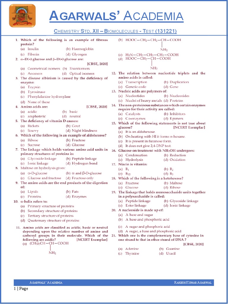 Class 12 Chemistry Biomolecules Mock Test 131221 PDF
