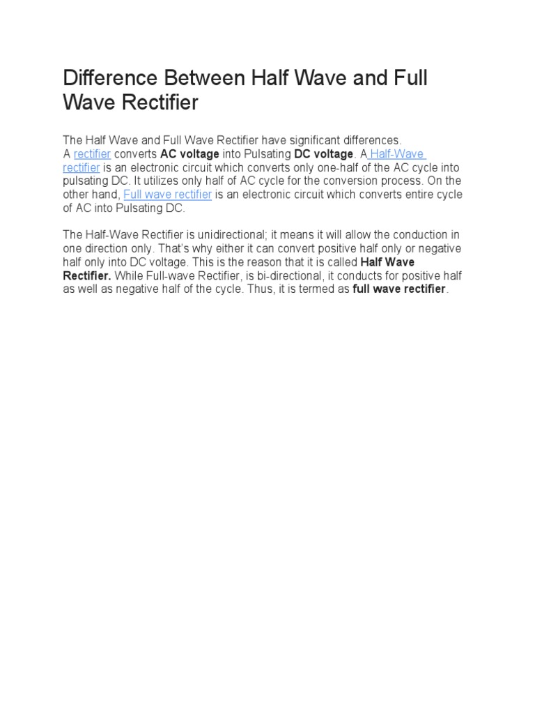 Difference Between Half Wave and Full Wave Rectifier PDF