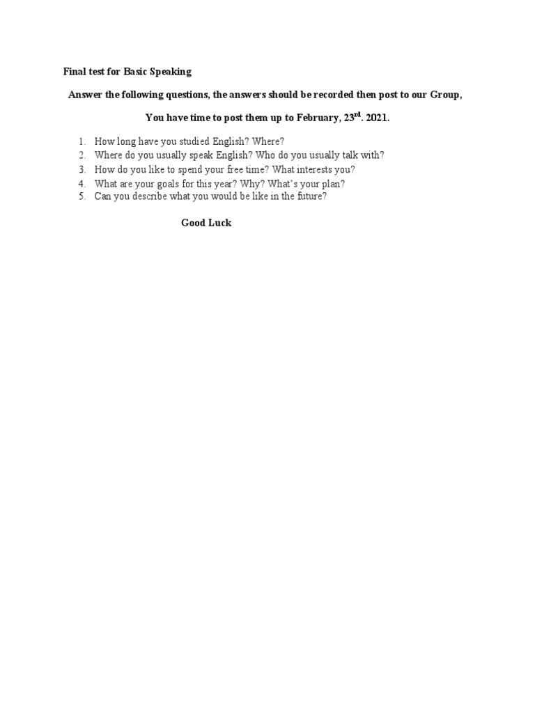 Basic Speaking Final Test Questions | PDF
