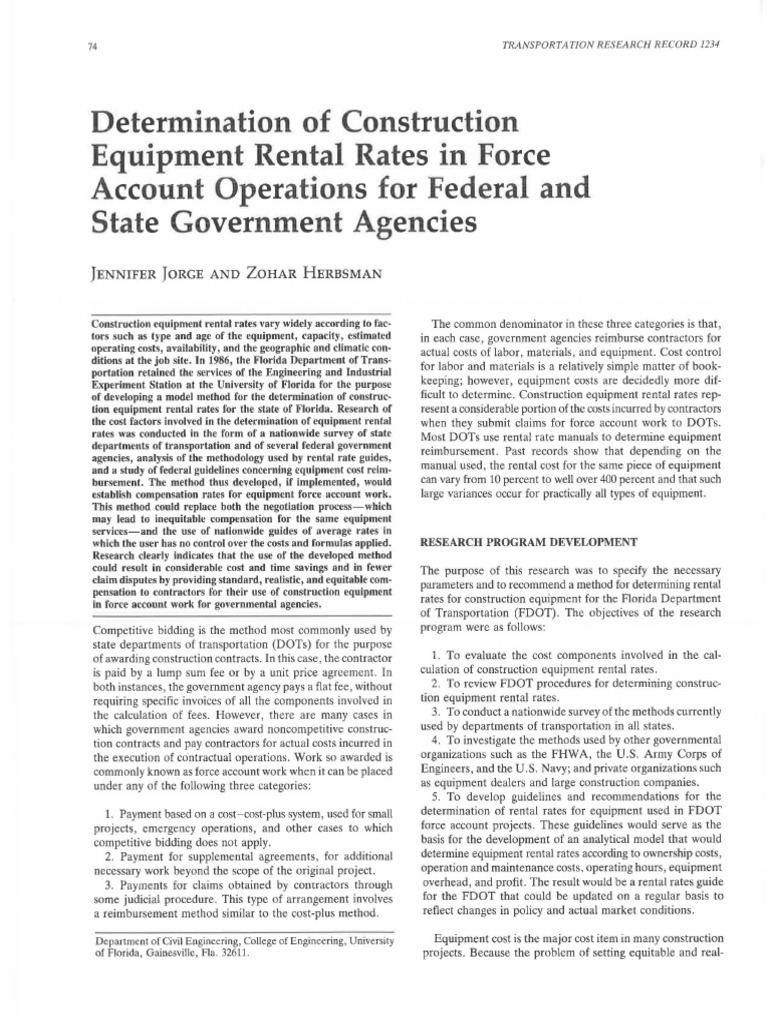 Determination of Construction Equipment Rental Rates in Force Account Operations For Federal and