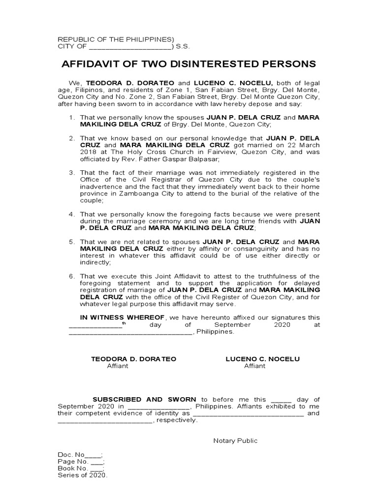2 Affidavit of Two Disinterested Persons For Late Registration of ...