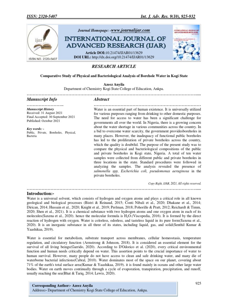 Comparative Study of Physical and Bacteriological Analysis of Borehole Water in Kogi State