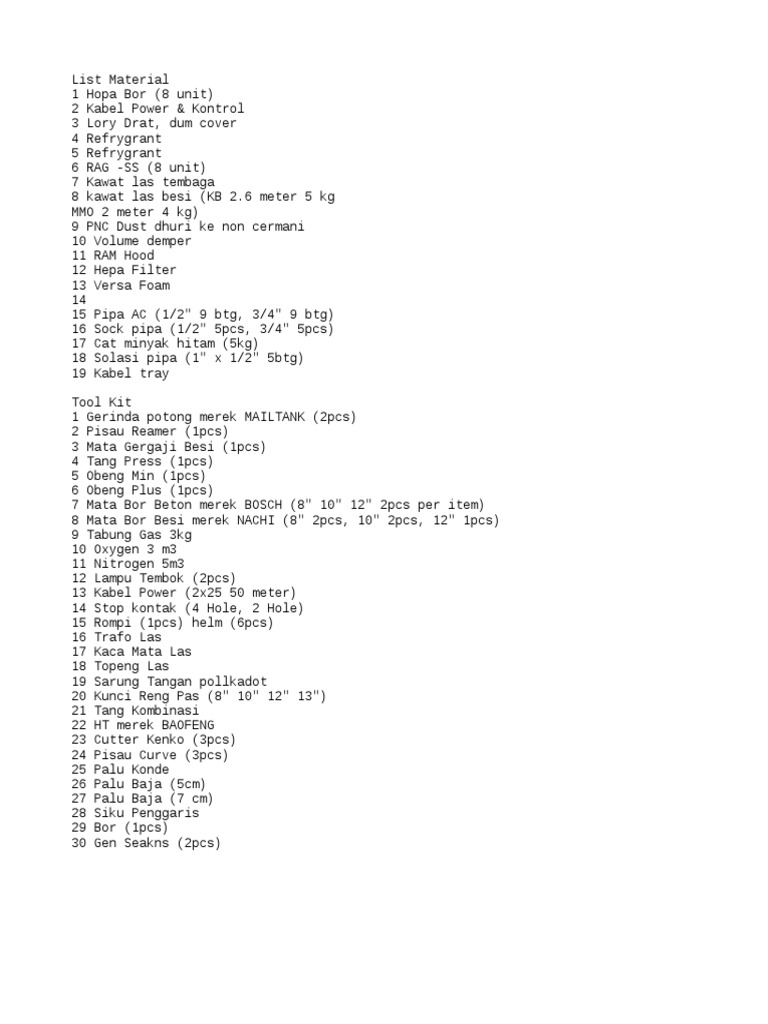 Contoh LIST MATERIAL DAN TOOL KIT | PDF