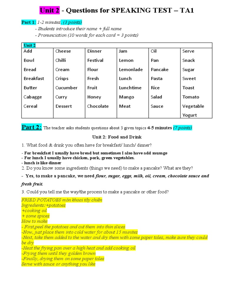 Questions-for-Speaking Test-Unit 2-TA1 | PDF | Pancake | Lunch