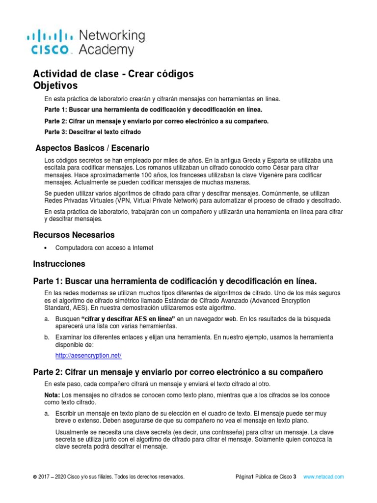 21.0.3 Class Activity Creating Codes Es XL | PDF | Clave (criptografía ...