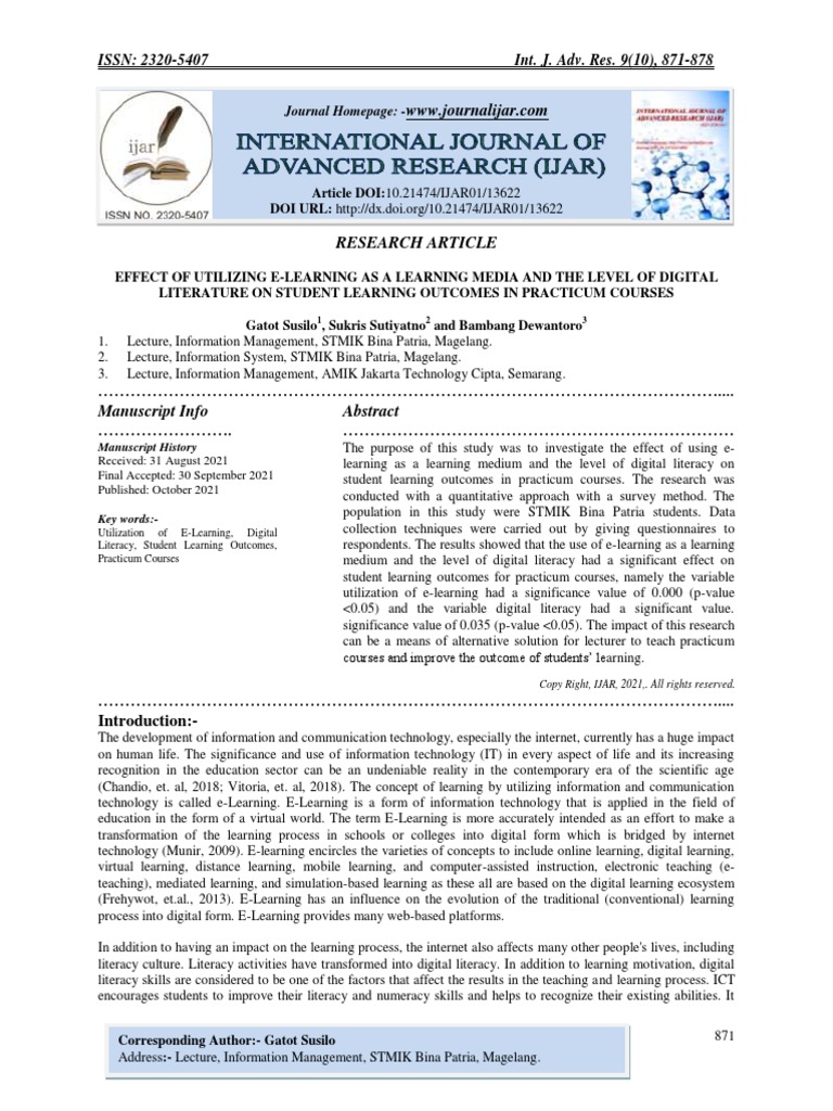 Effect of Utilizing E-Learning As A Learning Media and The Level of ...