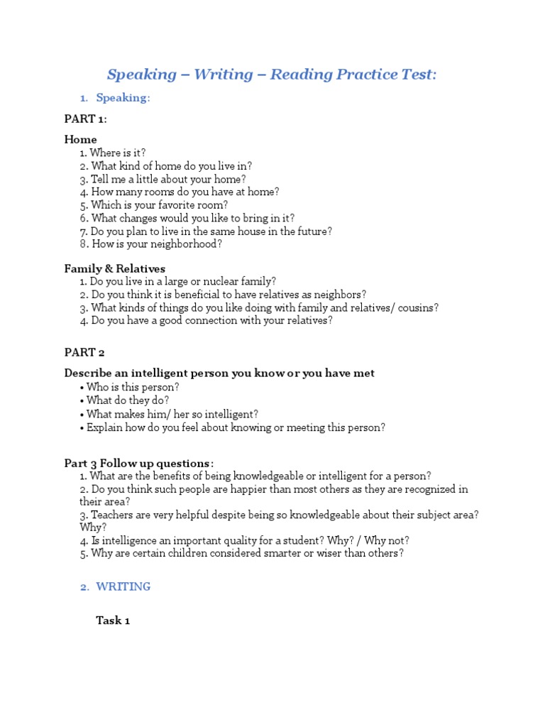 Speaking - Writing - Reading Practice Test | PDF | Mathematics | Books