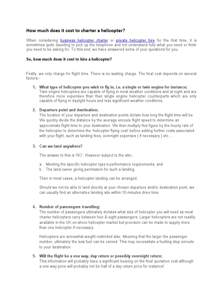 Helicopter Charter Cost Breakdown | PDF | Helicopter | Flight