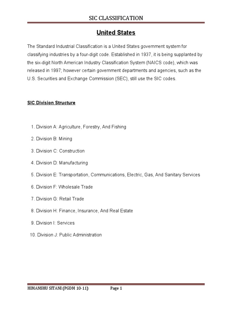Sic Usa & Uk PDF Standard Industrial Classification Economies