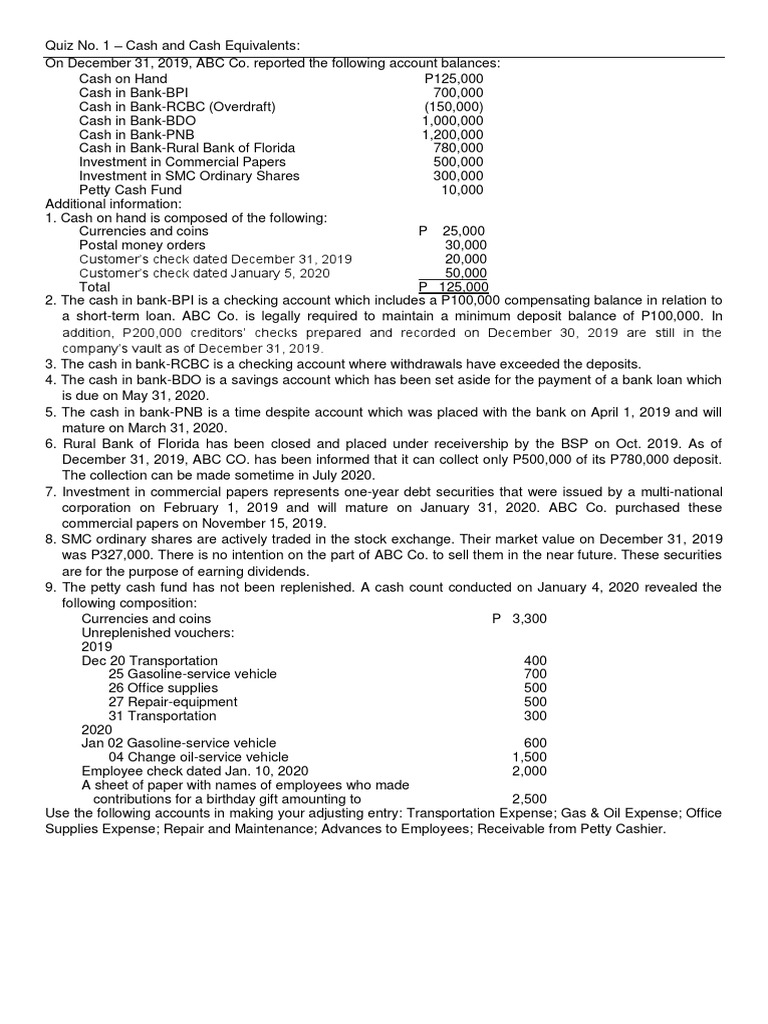 Quiz No. 1 - Cash and Cash Equivalents | PDF | Transaction Account | Cash