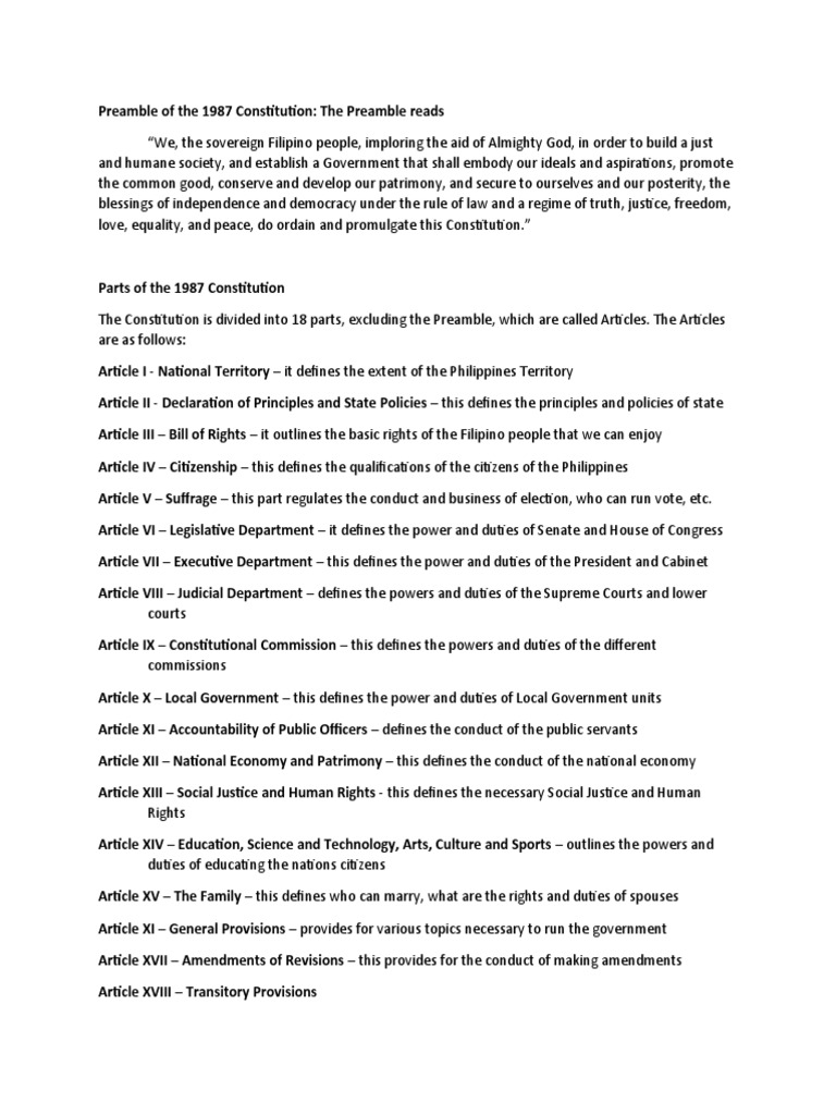 Overview of the 1987 Constitution Preamble | PDF | Social Institutions ...