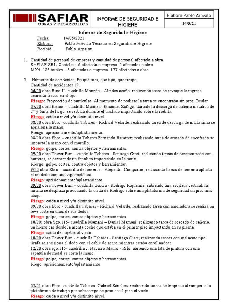 Informe de Seguridad e Higiene Laboral | PDF | Sectores Economicos ...