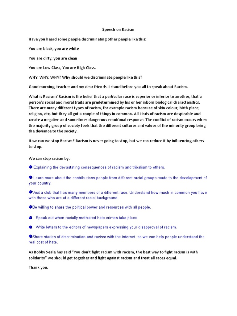 Writing a speech on racism