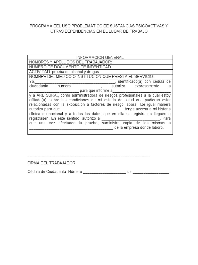 Formato para Autorizacion de Prueba de Alcohol y Drogas PDF