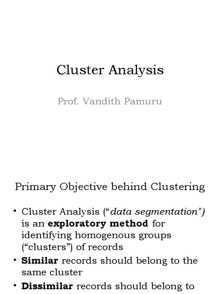 Cluster Analysis Prof Vandith Pamuru Pdf Cluster Analysis