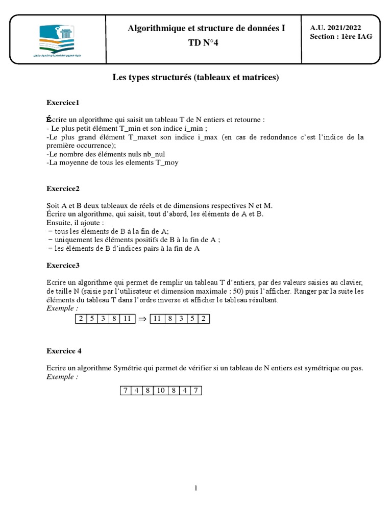 Exercices d'algorithmique et tableaux C | PDF | Tableau (structure de ...