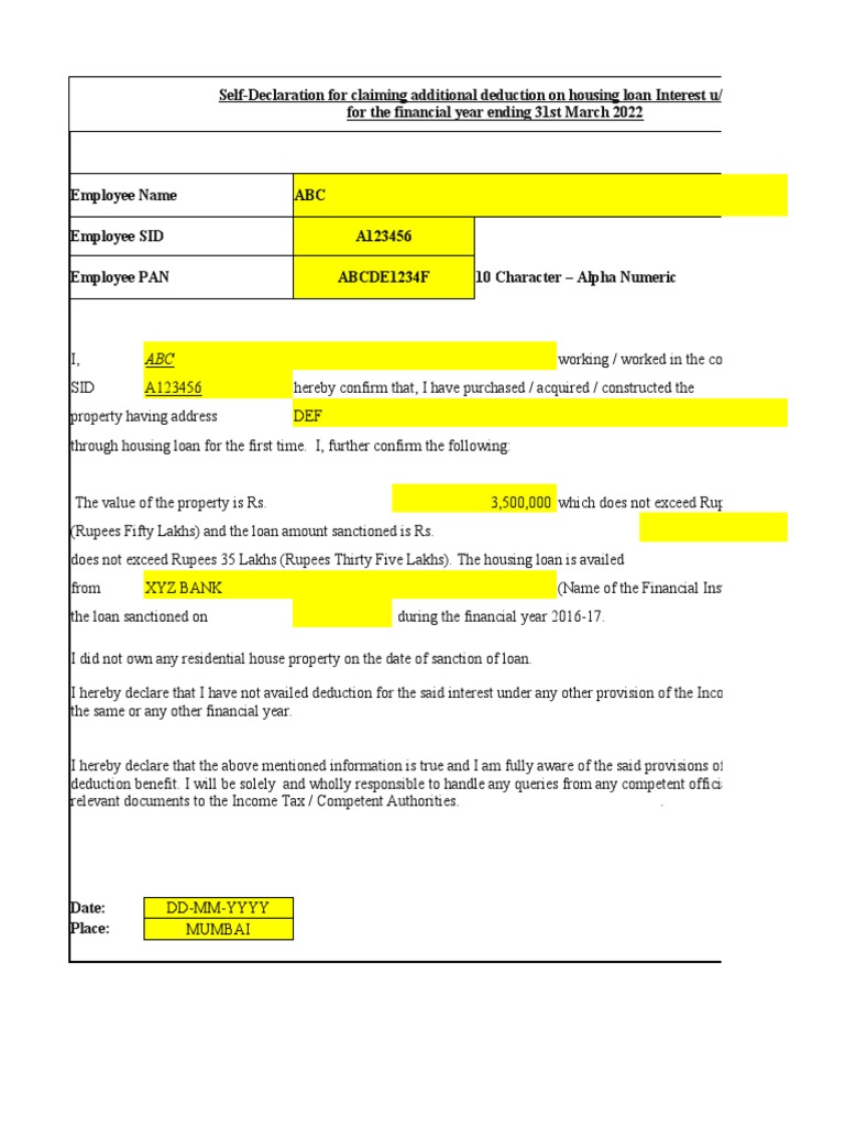SelfDeclaration For Claiming Additional Deduction On Housing Loan