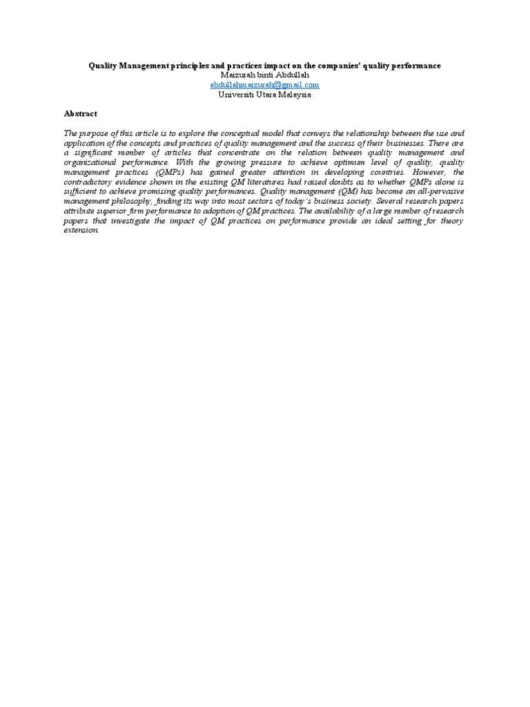 Impact of Quality Management on Performance | PDF | Quality Management ...