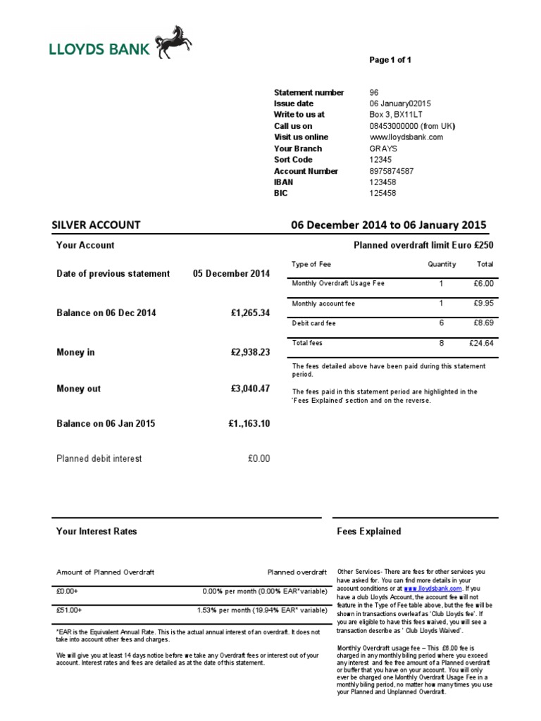 Lloyds Bank Statement PDF Overdraft Fee