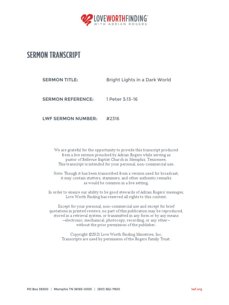 Bright Lights in A Dark World TRANSCRIPT 2316 | PDF | Jesus