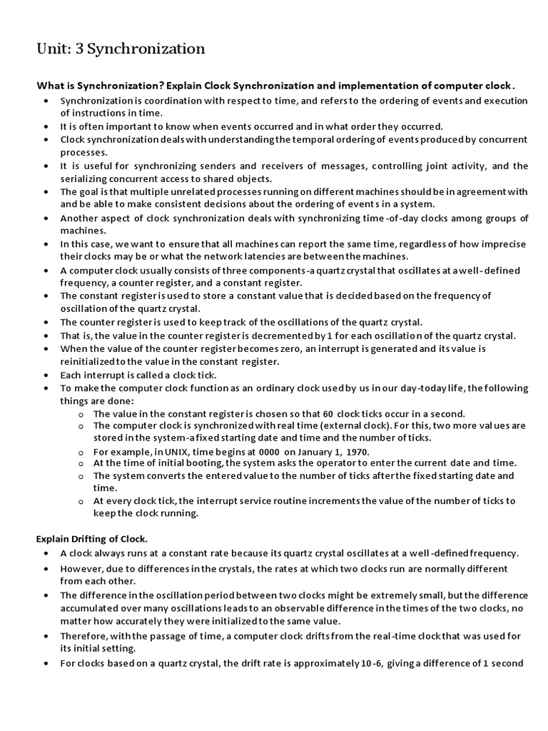 Unit 3 Synchronization What Is Synchronization? Explain Clock