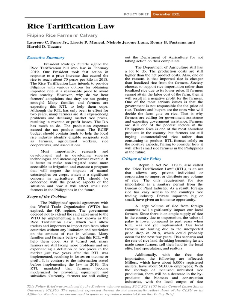 Rice Tariffication Law: Filipino Rice Farmers' Calvary | PDF ...