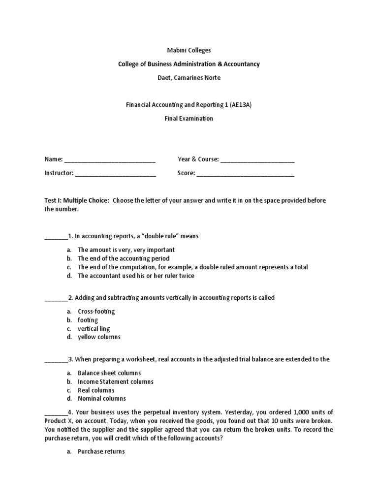 Accounting Final Exam: Key Concepts | PDF | Debits And Credits | Inventory
