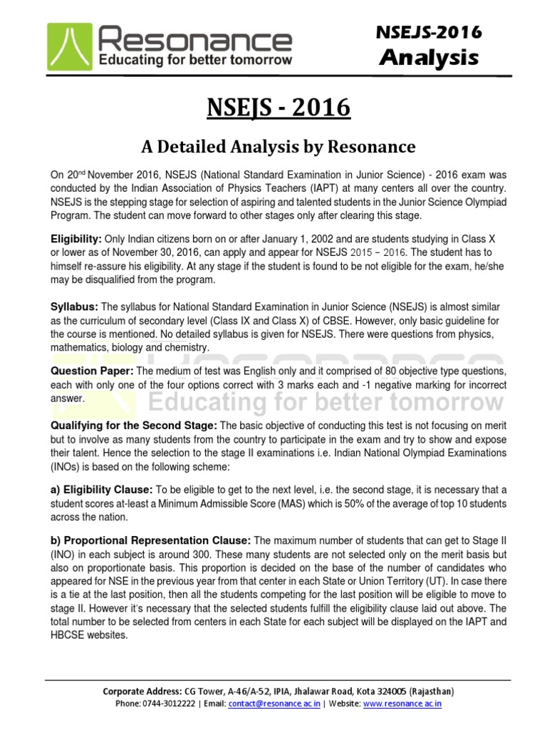 NSEJS 2016 Exam Analysis Report | PDF | Chemistry | Physical Sciences