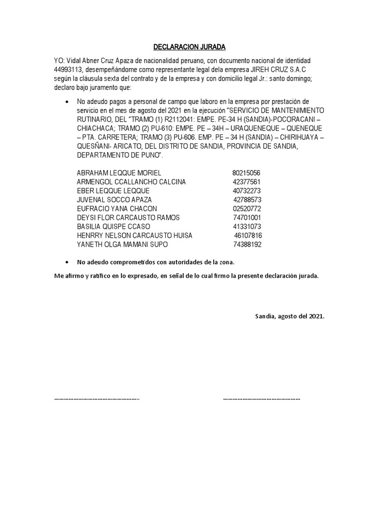 Declaración Jurada de No Adeudo 2021 | PDF