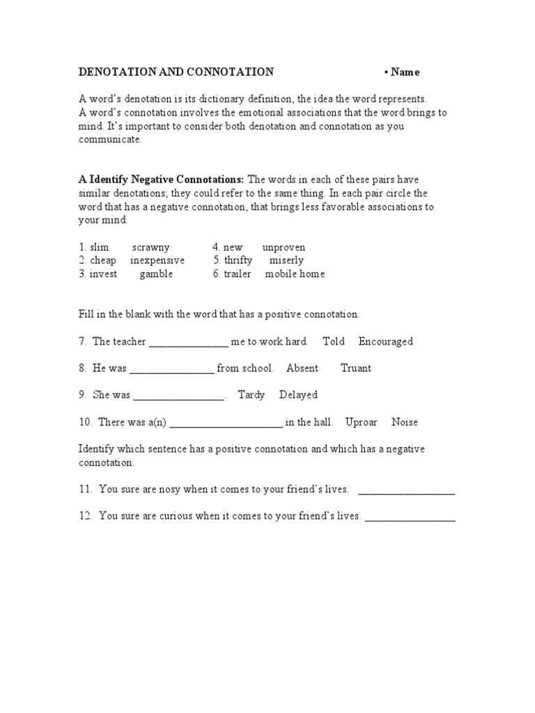 DENOTATION AND CONNOTATION - Name | PDF | Language Arts & Discipline