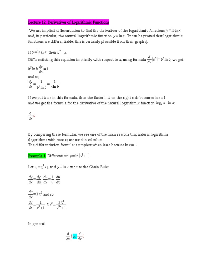 Lecture 12. Derivatives of Log - Functions | PDF | Derivative | Logarithm