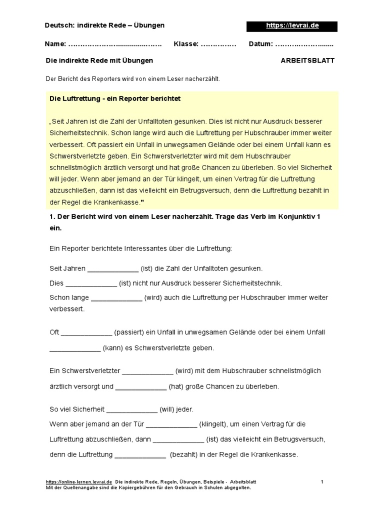 20 Indirekte Rede Uebungen Arbeitsblatt | PDF