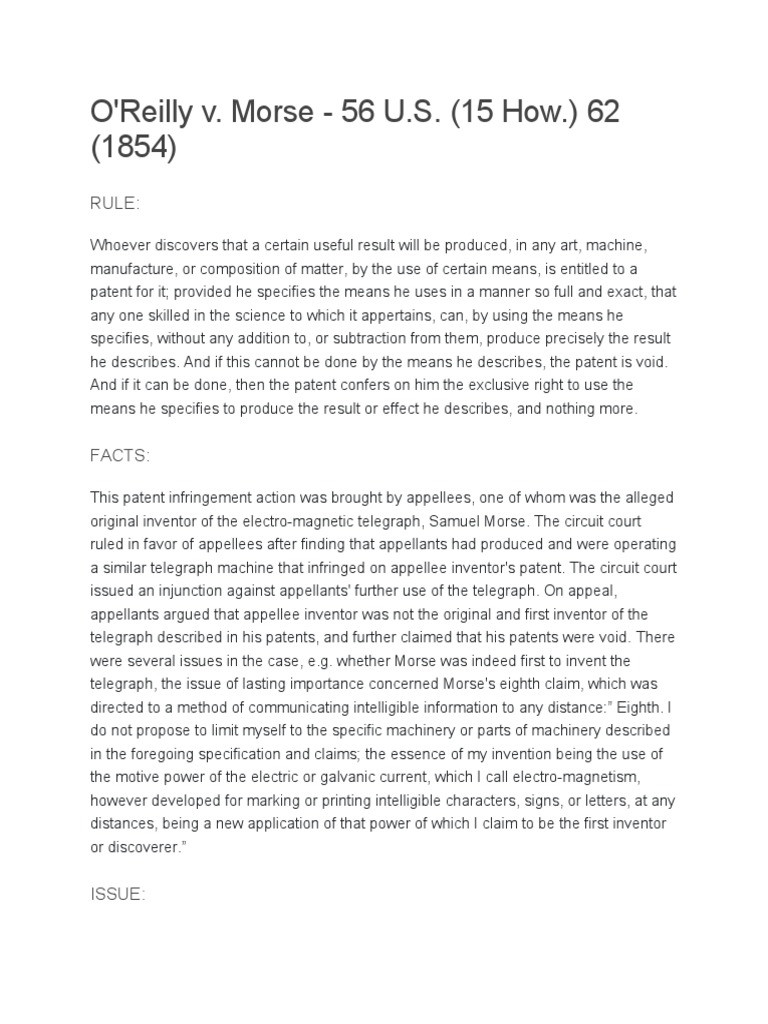 O'Reilly v. Morse, 56 U.S. 62 (1854) PDF Patent Invention