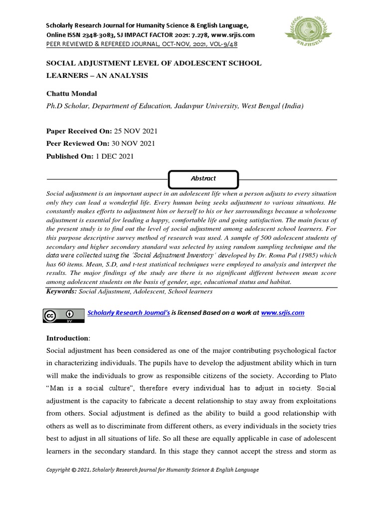 Social Adjustment Level of Adolescent School Learners - An Analysis ...