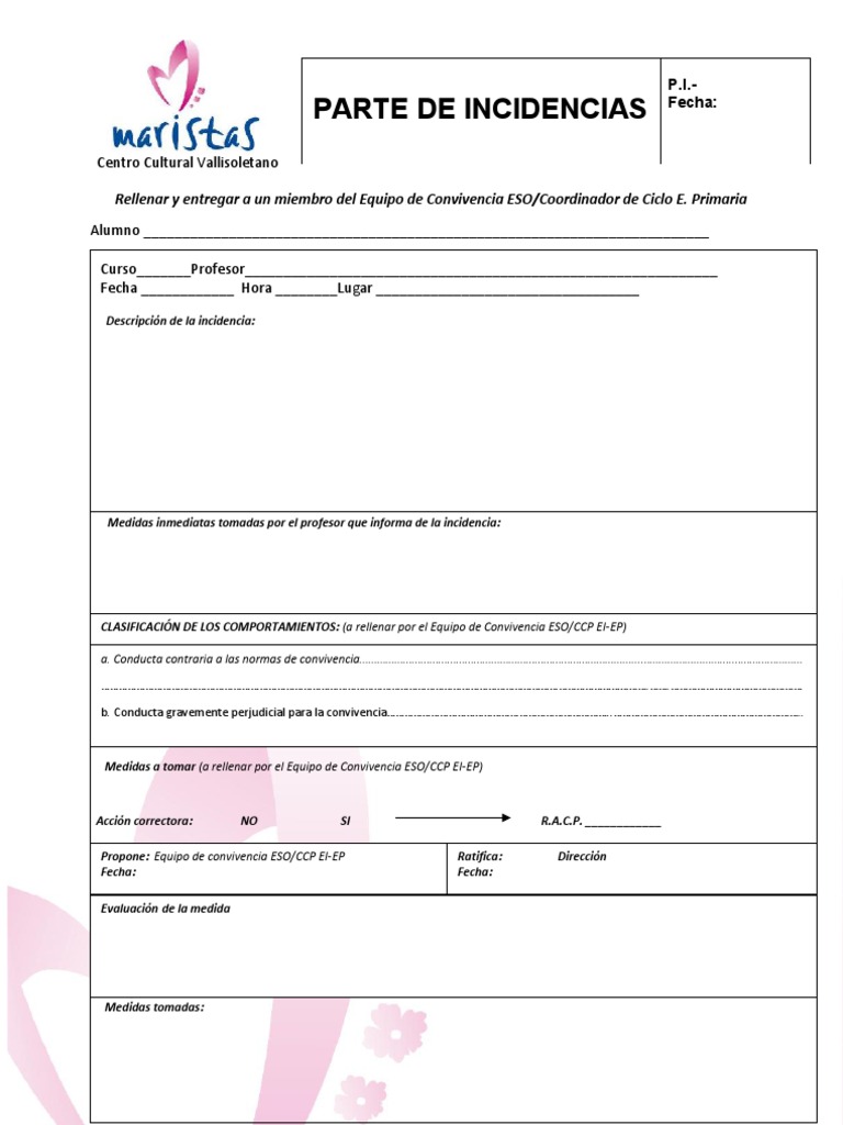 Formato de parte de incidencias