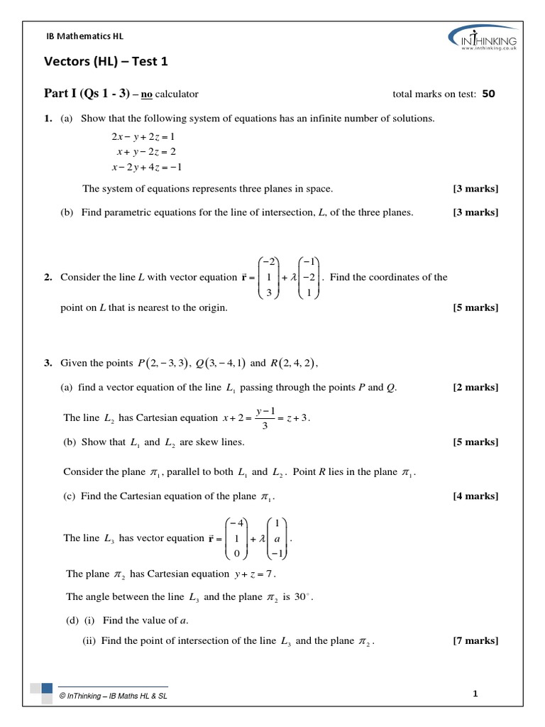 Vectors (HL) - Test 1: Part I (Qs 1 - 3) 50 | PDF | Plane (Geometry ...