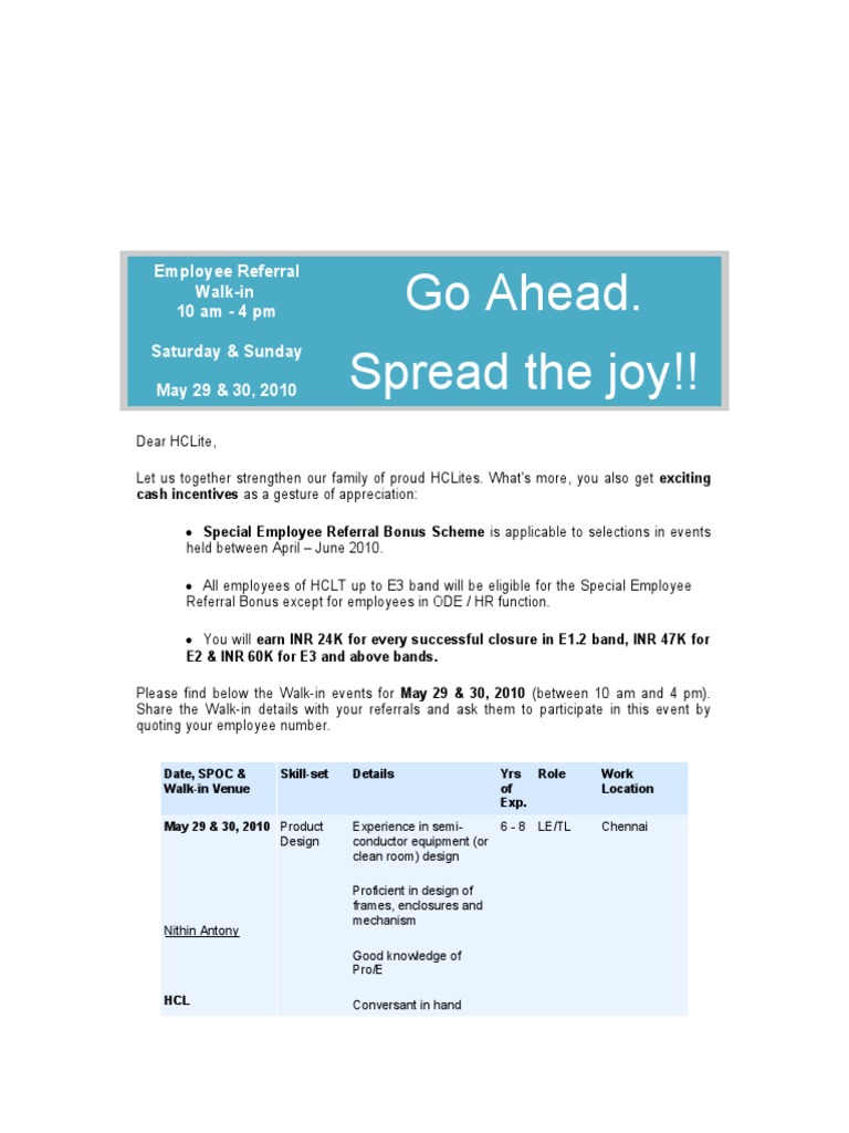 HCL Employee Referral Walk-in Events | PDF | Sql | Databases
