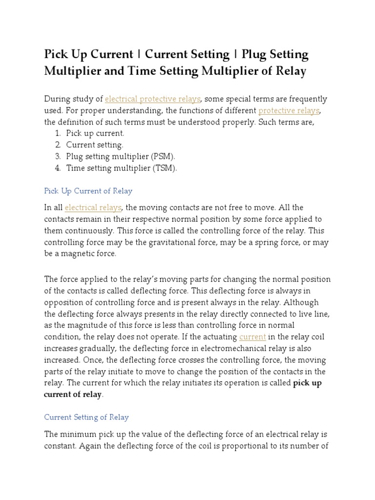 Pick Up Current Current Setting Plug Setting Multiplier and Time