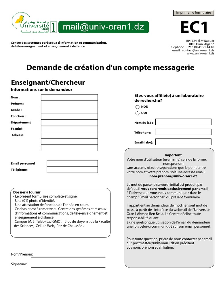 Demande de création de compte email Oran1 | PDF | la communication ...