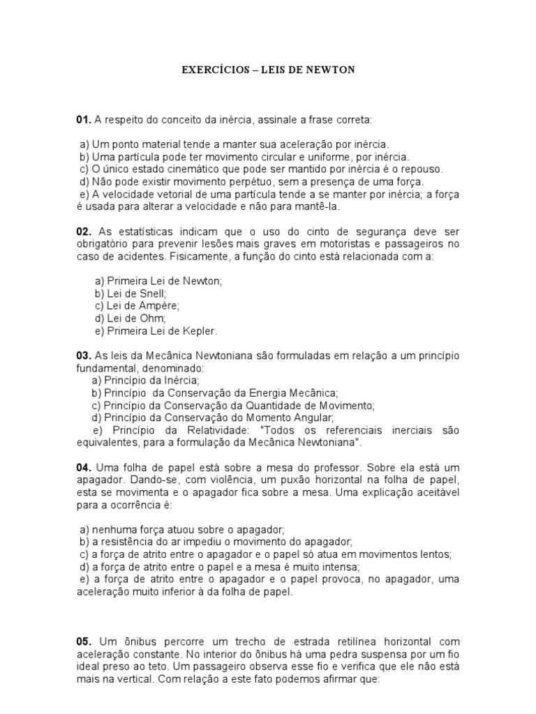 Exercícios sobre Leis de Newton | PDF | Inércia | Leis do Movimento de ...