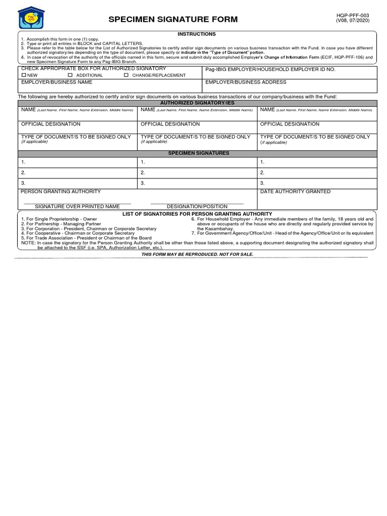 Pag-IBIG Specimen Signature Form 2025 | PDF | Signature | Business