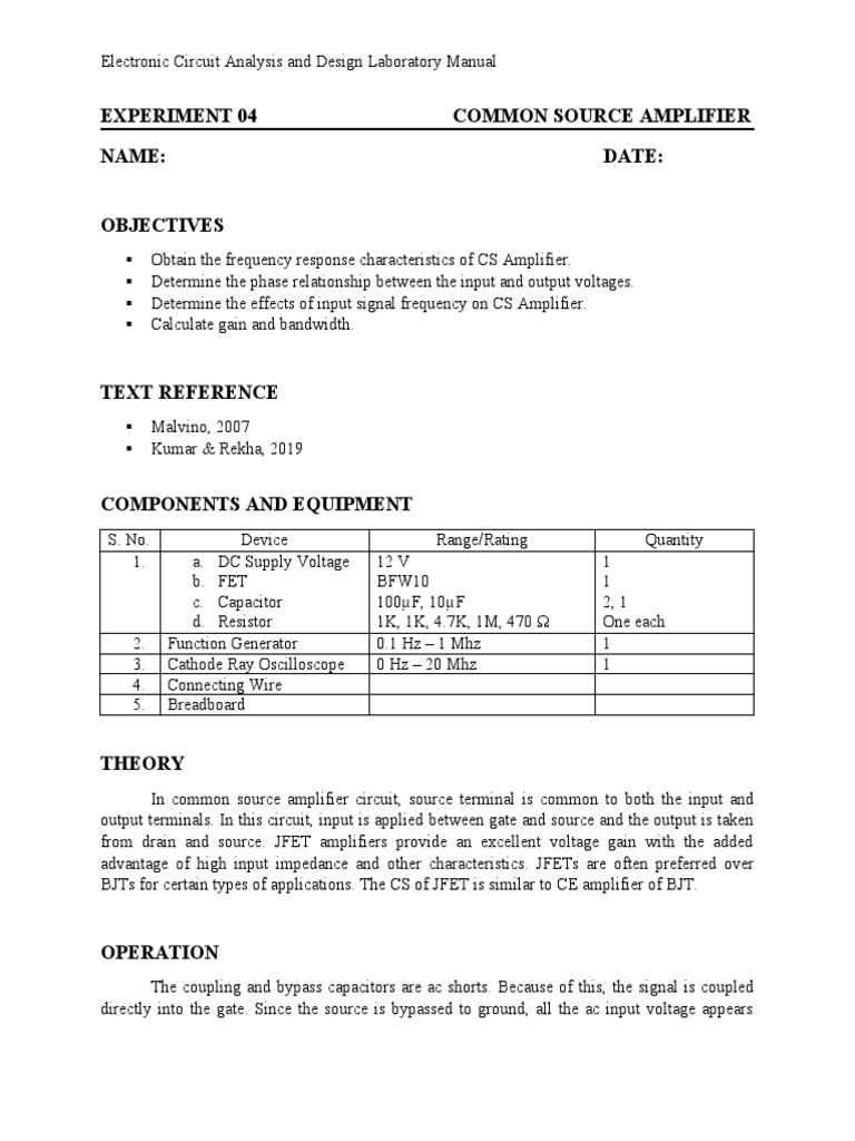 Common Source Amplifier Experiment Guide | PDF | Amplifier | Field ...