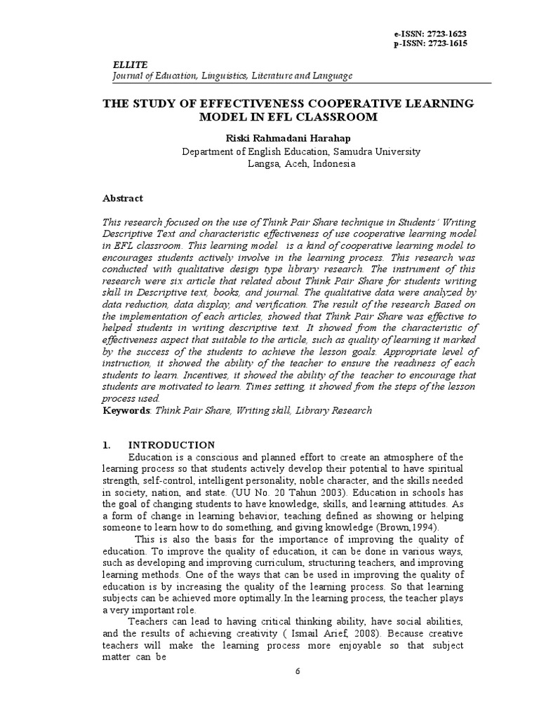 The Study of Effectiveness Cooperative Learning Model in Efl Classroom ...