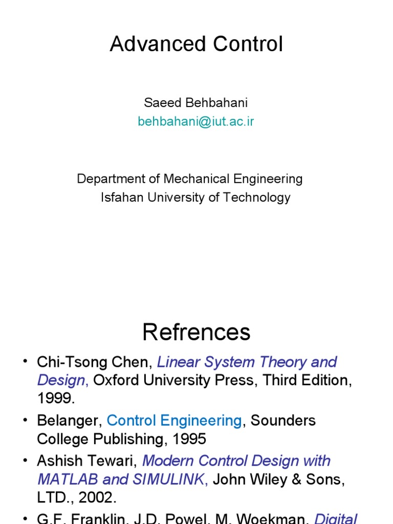 Advanced Control, Lecture 1, Introduction | PDF | Control Theory ...