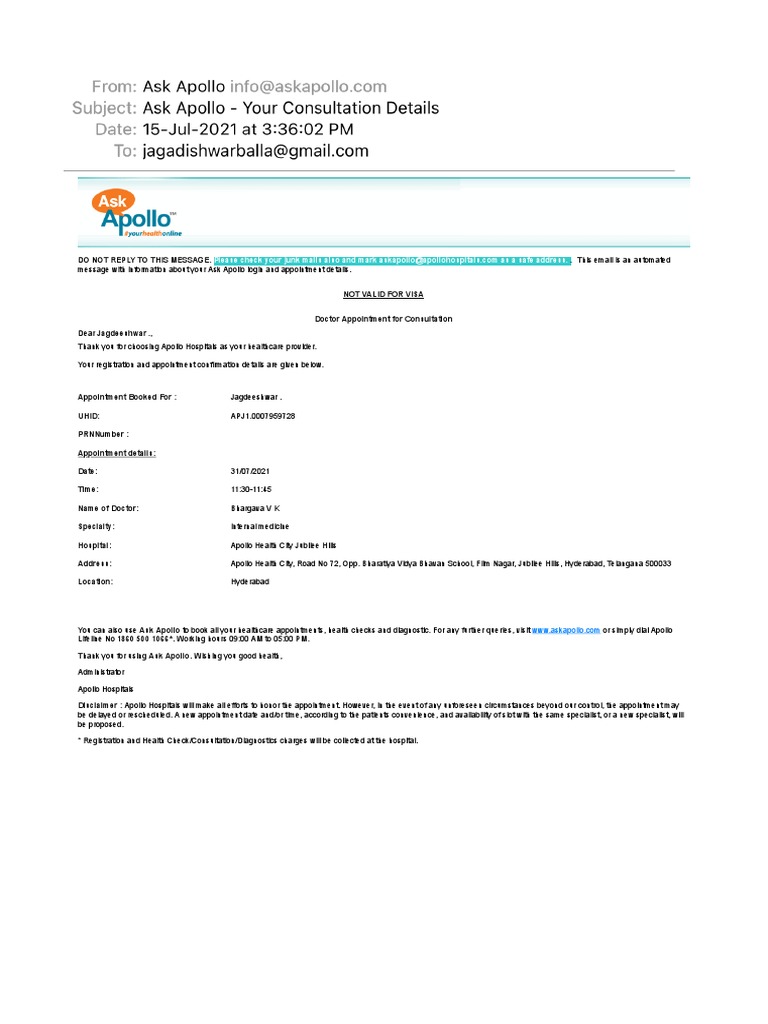 Apollo Hospital Appointment Confirmation | PDF | Self-Improvement