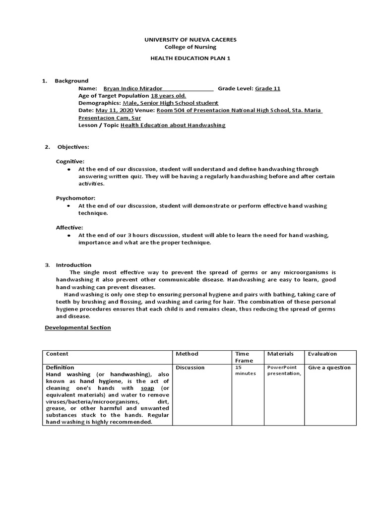 Handwashing Health Education Plan | PDF | Hand Washing | Hygiene