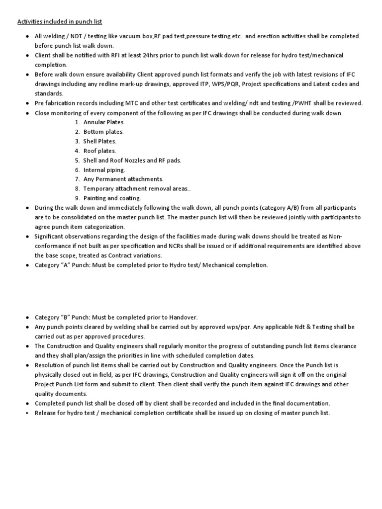 Punch List | PDF | Nondestructive Testing | Specification (Technical ...
