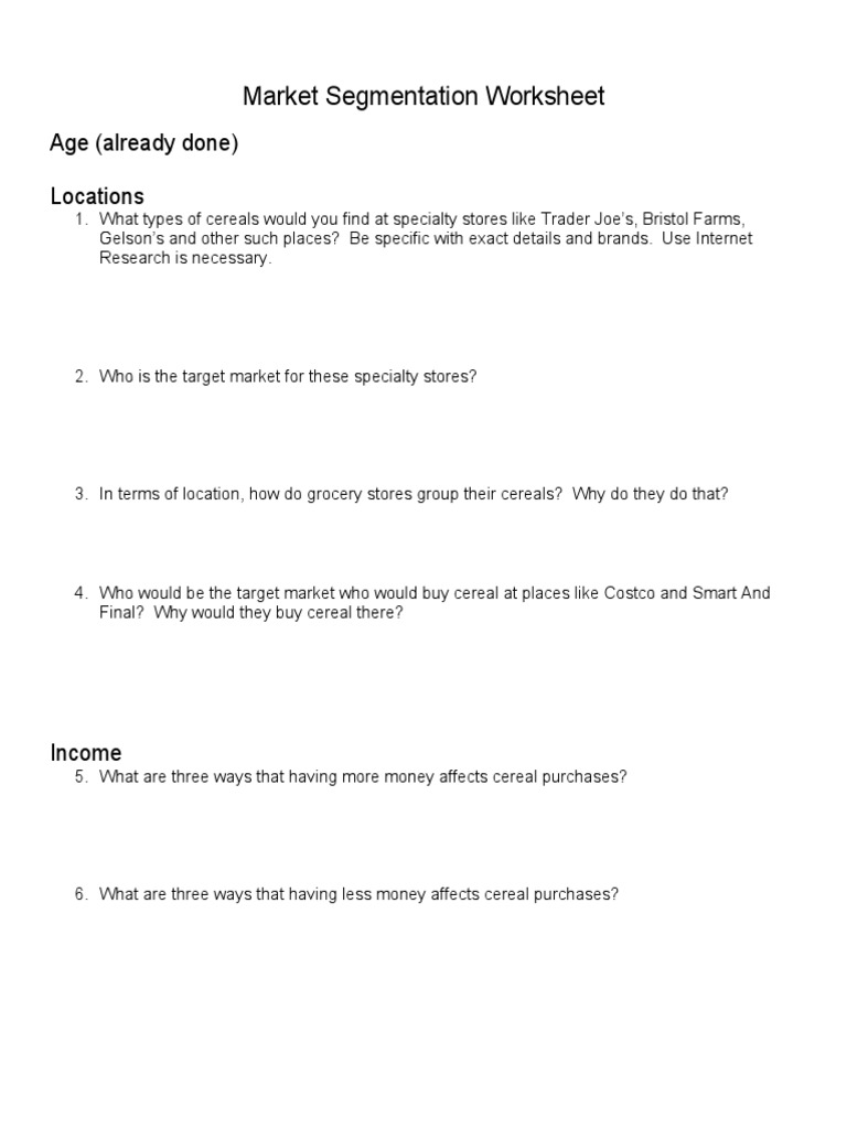 Market Segmentation Worksheet: Age (Already Done) Locations | PDF ...