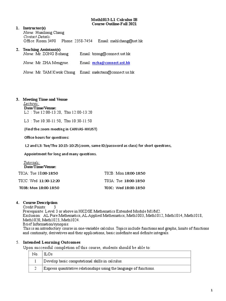 MATH 1013 L2 L3 Course Outline Fall 2021 | PDF | Derivative | Function ...